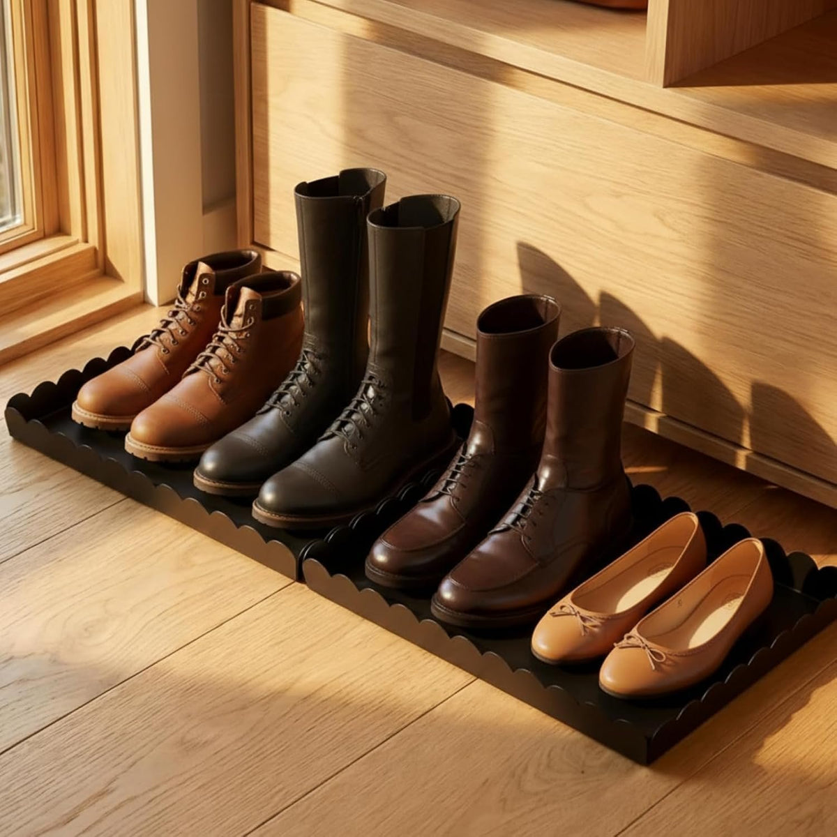 Hardy Place Entryware Scalloped Iron Boot Trays in Black studio product photo