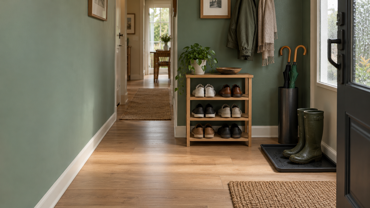 A green-walled entryway with a wooden shoe rack, a black umbrella stand and rain boots on a boot tray beside the front door.