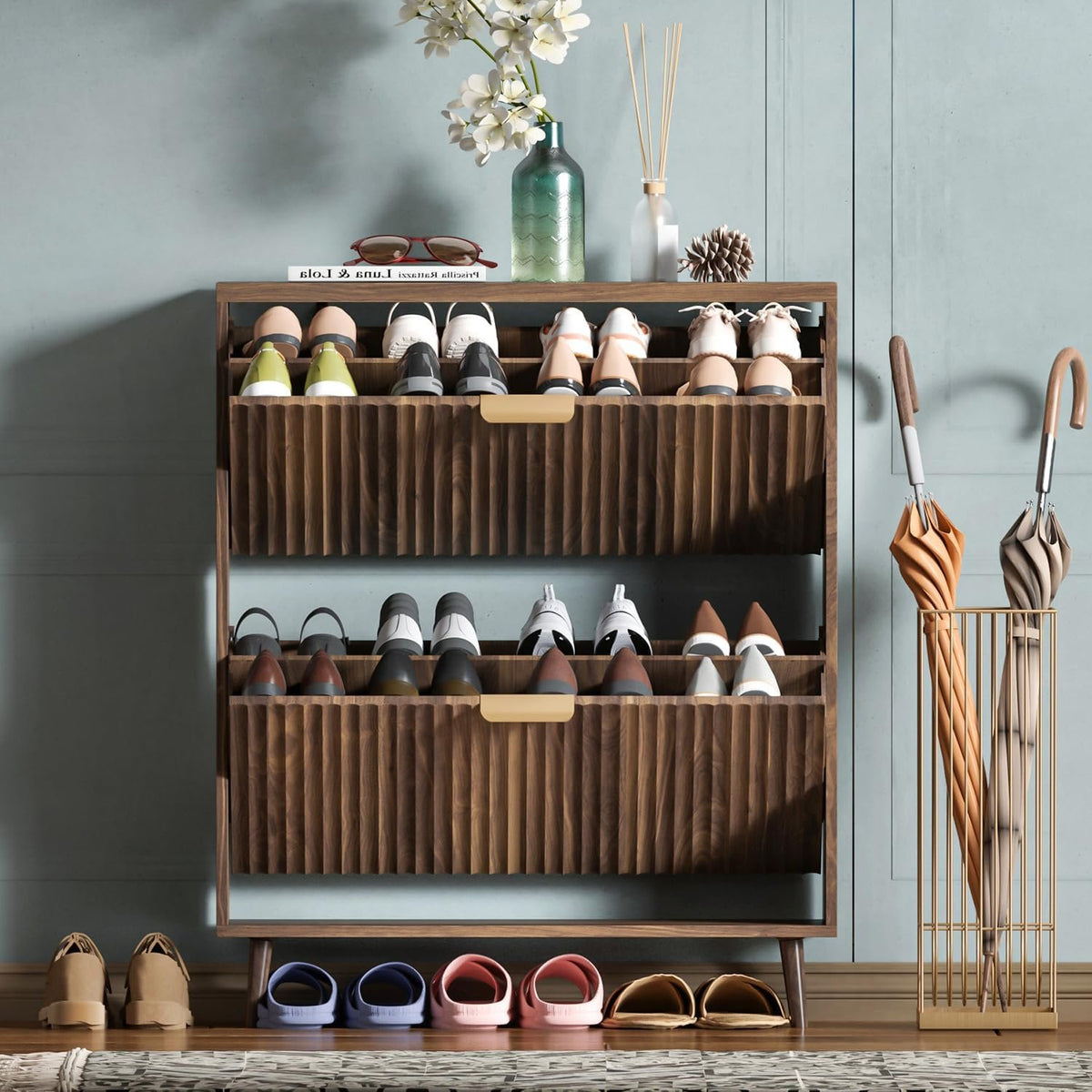Hardy Place Entryware Fluted Walnut-Tone Shoe Cabinet studio product photo